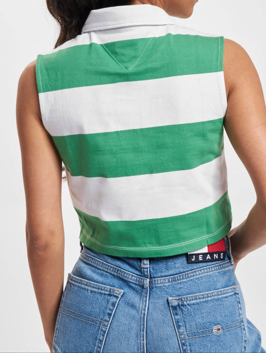 Tommy Jeans Crop Gestreept Poloshirt – Wit/Groen – Dames