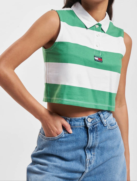 Tommy Jeans Crop Gestreept Poloshirt – Wit/Groen – Dames