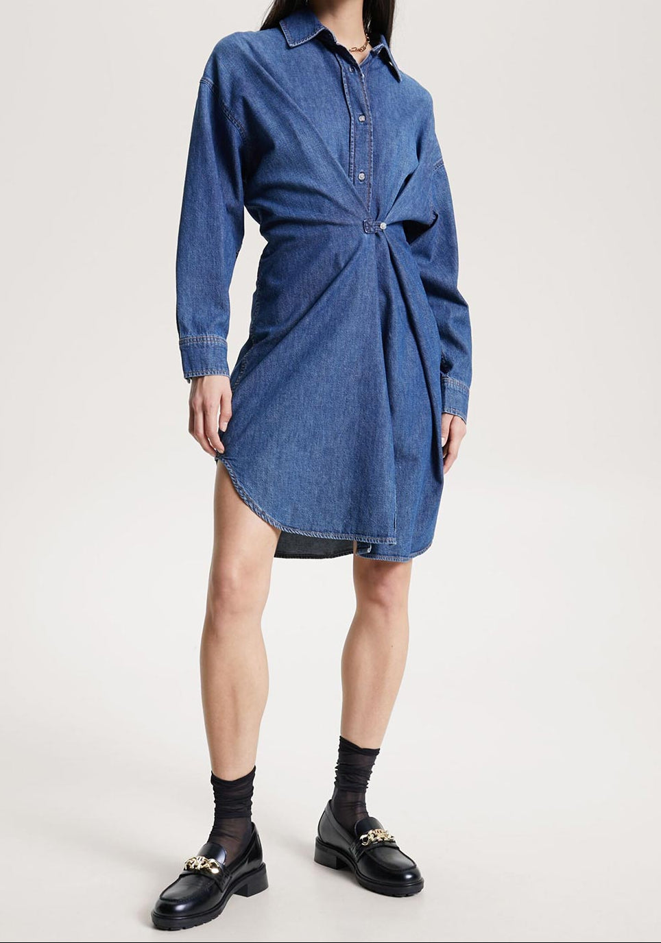Tommy Hilfiger Denimjurk met Geplooide Taille – Blauw - Dames