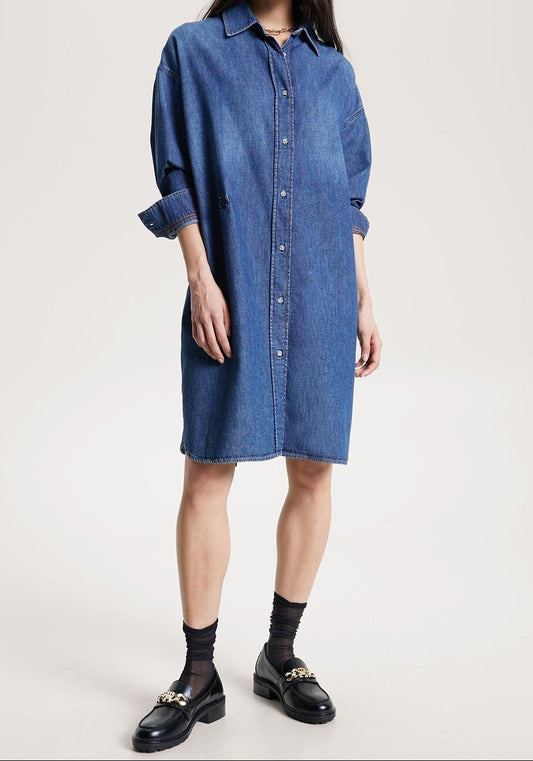 Tommy Hilfiger Denimjurk met Geplooide Taille – Blauw - Dames