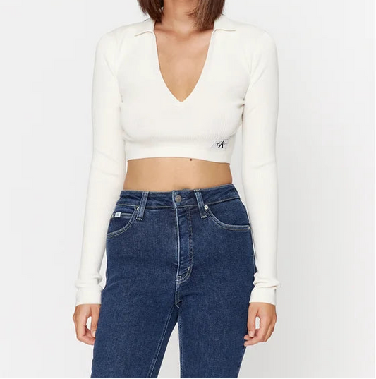 Calvin Klein Jeans Crop V-Neck Sweater – White – Women