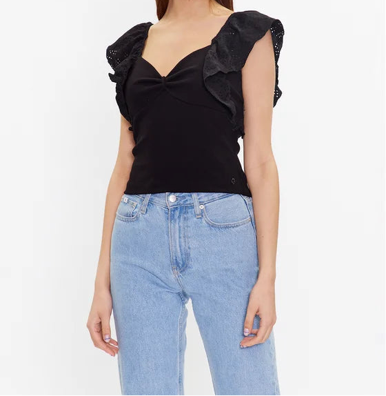 Guess Tops Raina Blouse met ruchesmouwen – Zwart – Dames