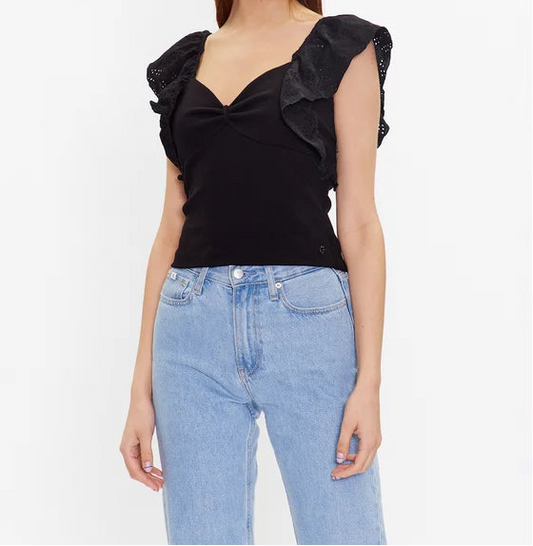 Guess Tops Raina Blouse met ruchesmouwen – Zwart – Dames