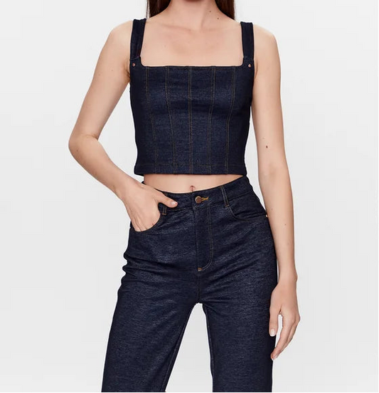 Guess Denim-look Corset Top Shirt – Blauw/Zwart – Dames
