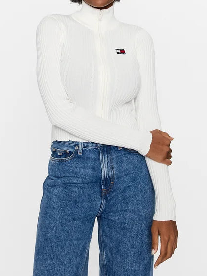 Tommy Jeans Badge Zip-Thru Kabelgebreide Trui – Wit – Dames