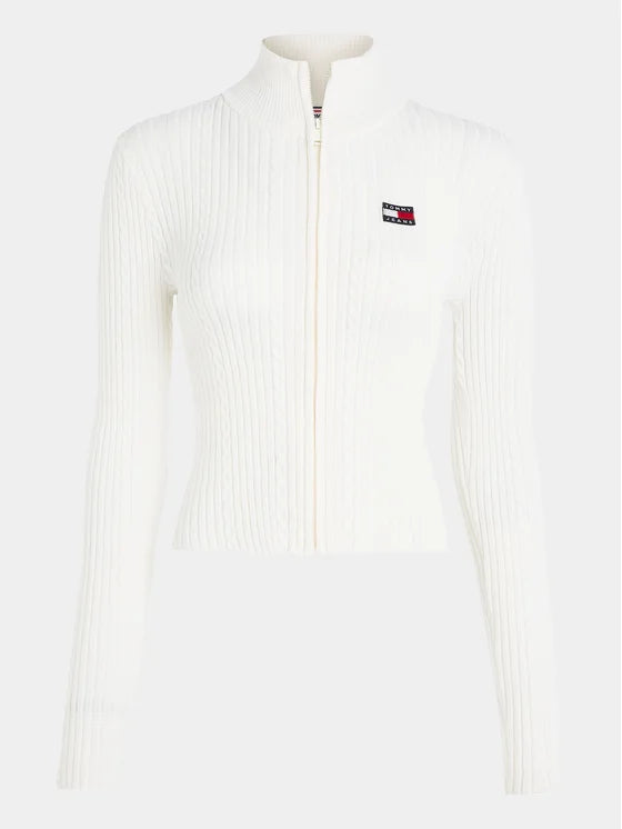 Tommy Jeans Badge Zip-Thru Kabelgebreide Trui – Wit – Dames