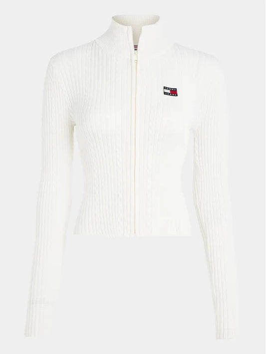 Tommy Jeans Badge Zip-Thru Kabelgebreide Trui – Wit – Dames